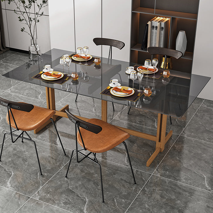 Solid Wood Trestle Dinette Table Tempered Glass Dining Table for Kitchen Home 70.9"L x 31.5"W x 29.5"H Black Clearhalo ' dining_table' 'Dining Tables & Seating' 'Dining Tables' 'Furniture' 'furniture_dining_table' 'Kitchen & Dining Furniture' 'kitchen&dining_furn' 'kitchen' 'kitchen_dining_table' 3577470