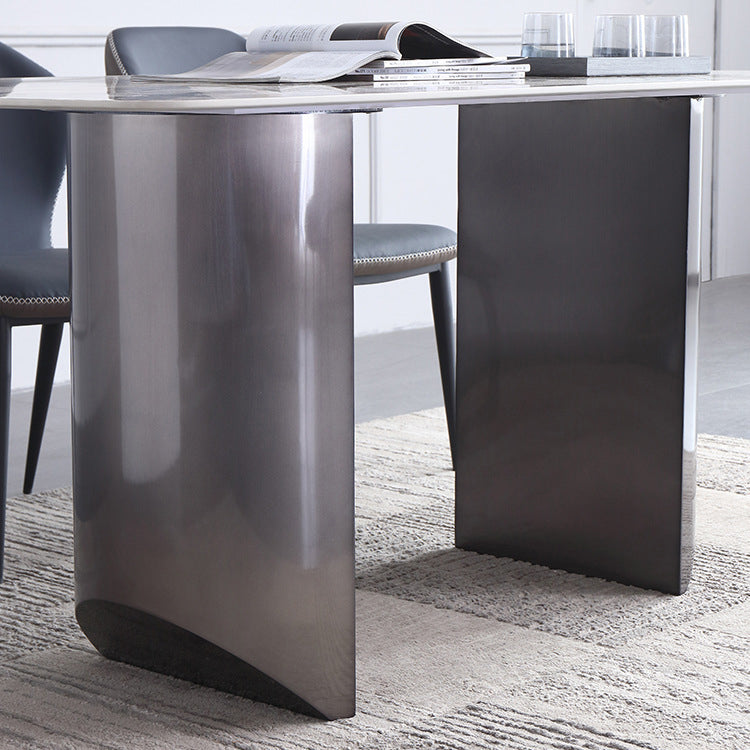Modern Rectangle Shape Sintered Stone Dining Table Kitchen Dining Table with Double Pedestal Clearhalo ' dining_table' 'Dining Tables & Seating' 'Dining Tables' 'Furniture' 'furniture_dining_table' 'Kitchen & Dining Furniture' 'kitchen&dining_furn' 'kitchen' 'kitchen_dining_table' 3577513