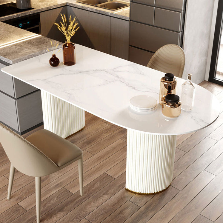 Sintered Stone White Dining Table Simplicity Double Pedestal Table for Dining Room 78.7"L x 31.5"W x 29.5"H Clearhalo ' dining_table' 'Dining Tables & Seating' 'Dining Tables' 'Furniture' 'furniture_dining_table' 'Kitchen & Dining Furniture' 'kitchen&dining_furn' 'kitchen' 'kitchen_dining_table' 3577626