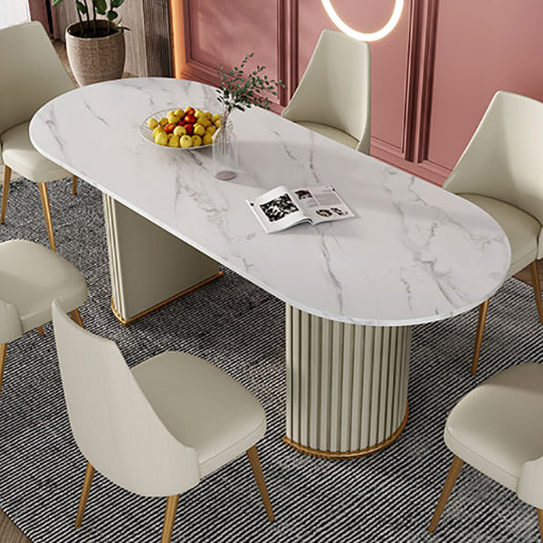 Modern Sintered Stone Oval Table Dining Table with White/Orange Double Pedestal Clearhalo ' dining_table' 'Dining Tables & Seating' 'Dining Tables' 'Furniture' 'furniture_dining_table' 'Kitchen & Dining Furniture' 'kitchen&dining_furn' 'kitchen' 'kitchen_dining_table' 3577749
