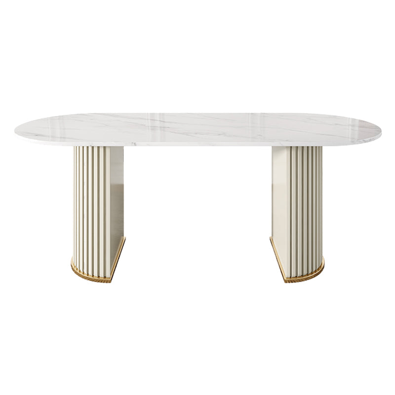 Modern Sintered Stone Oval Table Dining Table with White/Orange Double Pedestal Beige Clearhalo ' dining_table' 'Dining Tables & Seating' 'Dining Tables' 'Furniture' 'furniture_dining_table' 'Kitchen & Dining Furniture' 'kitchen&dining_furn' 'kitchen' 'kitchen_dining_table' 3577751