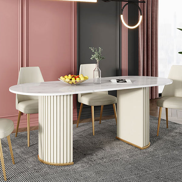 Modern Sintered Stone Oval Table Dining Table with White/Orange Double Pedestal Clearhalo ' dining_table' 'Dining Tables & Seating' 'Dining Tables' 'Furniture' 'furniture_dining_table' 'Kitchen & Dining Furniture' 'kitchen&dining_furn' 'kitchen' 'kitchen_dining_table' 3577753