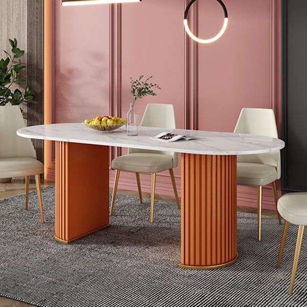 Modern Sintered Stone Oval Table Dining Table with White/Orange Double Pedestal Clearhalo ' dining_table' 'Dining Tables & Seating' 'Dining Tables' 'Furniture' 'furniture_dining_table' 'Kitchen & Dining Furniture' 'kitchen&dining_furn' 'kitchen' 'kitchen_dining_table' 3577754