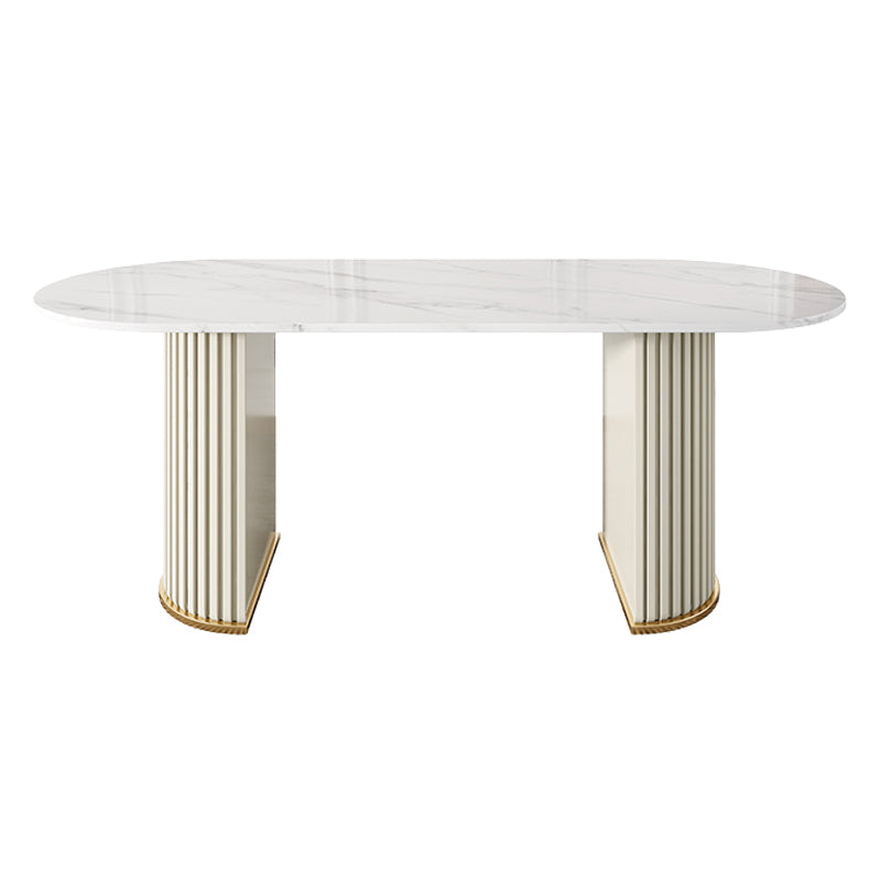 Modern Sintered Stone Oval Table Dining Table with White/Orange Double Pedestal Clearhalo ' dining_table' 'Dining Tables & Seating' 'Dining Tables' 'Furniture' 'furniture_dining_table' 'Kitchen & Dining Furniture' 'kitchen&dining_furn' 'kitchen' 'kitchen_dining_table' 3577755