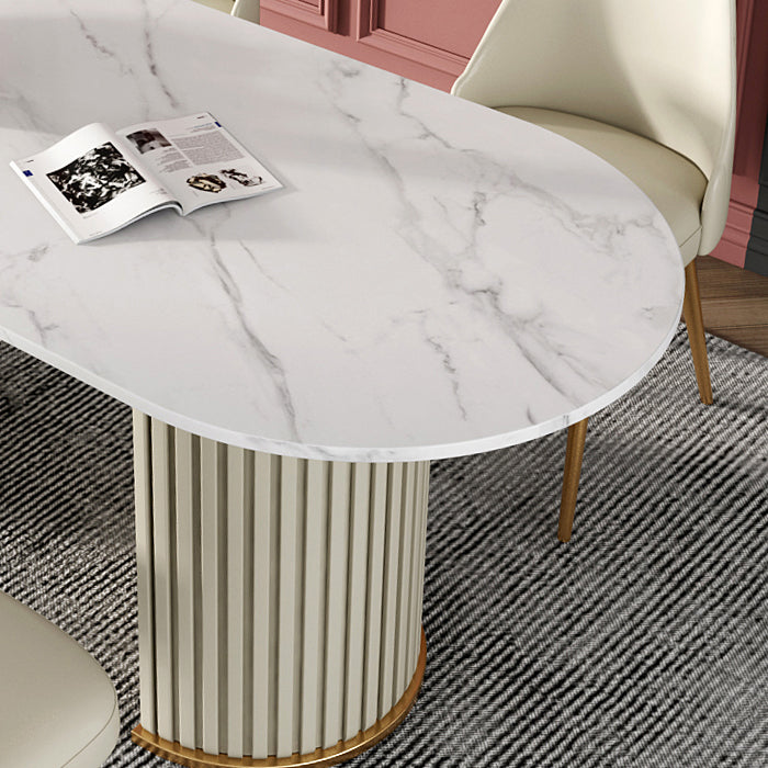 Modern Sintered Stone Oval Table Dining Table with White/Orange Double Pedestal Clearhalo ' dining_table' 'Dining Tables & Seating' 'Dining Tables' 'Furniture' 'furniture_dining_table' 'Kitchen & Dining Furniture' 'kitchen&dining_furn' 'kitchen' 'kitchen_dining_table' 3577756