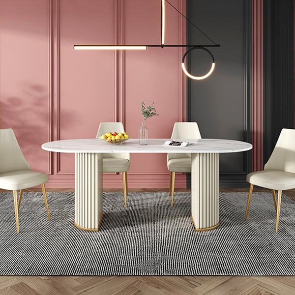 Modern Sintered Stone Oval Table Dining Table with White/Orange Double Pedestal Clearhalo ' dining_table' 'Dining Tables & Seating' 'Dining Tables' 'Furniture' 'furniture_dining_table' 'Kitchen & Dining Furniture' 'kitchen&dining_furn' 'kitchen' 'kitchen_dining_table' 3577762