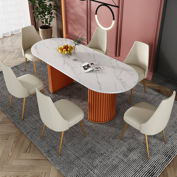 Modern Sintered Stone Oval Table Dining Table with White/Orange Double Pedestal Clearhalo ' dining_table' 'Dining Tables & Seating' 'Dining Tables' 'Furniture' 'furniture_dining_table' 'Kitchen & Dining Furniture' 'kitchen&dining_furn' 'kitchen' 'kitchen_dining_table' 3577764