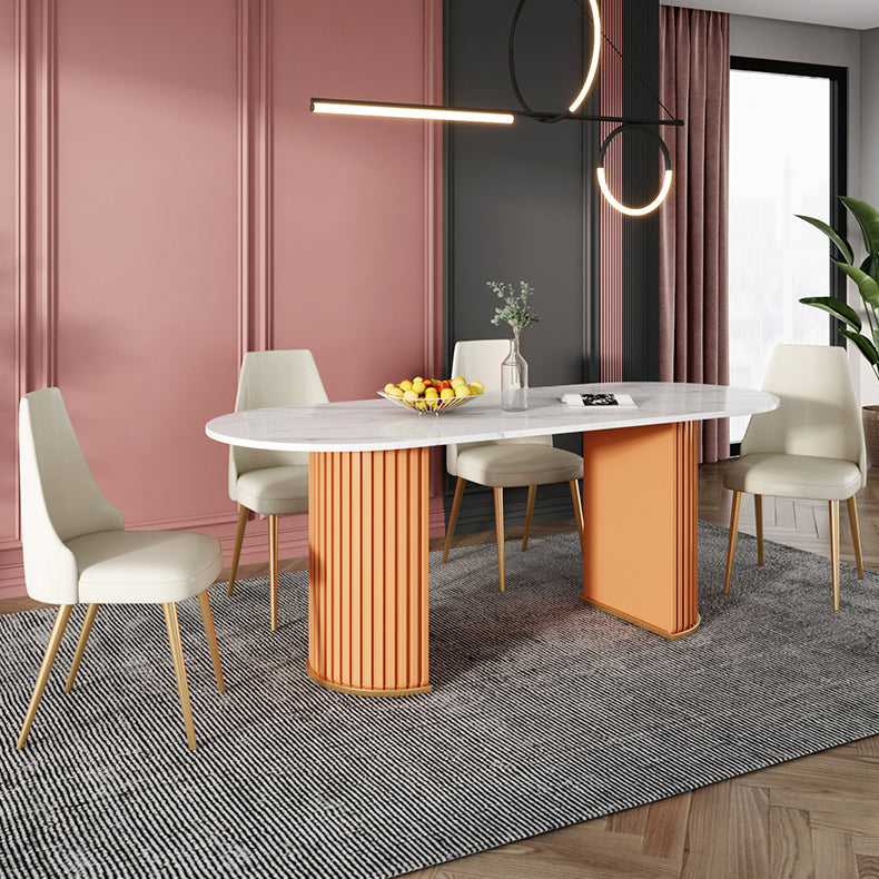 Modern Sintered Stone Oval Table Dining Table with White/Orange Double Pedestal Clearhalo ' dining_table' 'Dining Tables & Seating' 'Dining Tables' 'Furniture' 'furniture_dining_table' 'Kitchen & Dining Furniture' 'kitchen&dining_furn' 'kitchen' 'kitchen_dining_table' 3577765