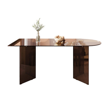 Contemporary Dining Table Tempered Glass Dining Table with Double Pedestal for Dining Brown Clearhalo ' dining_table' 'Dining Tables & Seating' 'Dining Tables' 'Furniture' 'furniture_dining_table' 'Kitchen & Dining Furniture' 'kitchen&dining_furn' 'kitchen' 'kitchen_dining_table' 3578156