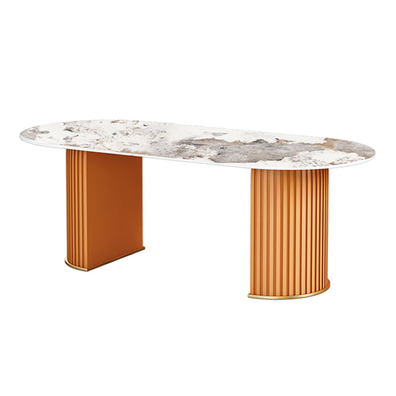 Oval Double Pedestal Dining Table Stone Furniture for Dining Room Home Orange Brown Clearhalo ' dining_table' 'Dining Tables & Seating' 'Dining Tables' 'Furniture' 'furniture_dining_table' 'Kitchen & Dining Furniture' 'kitchen&dining_furn' 'kitchen' 'kitchen_dining_table' 3578164