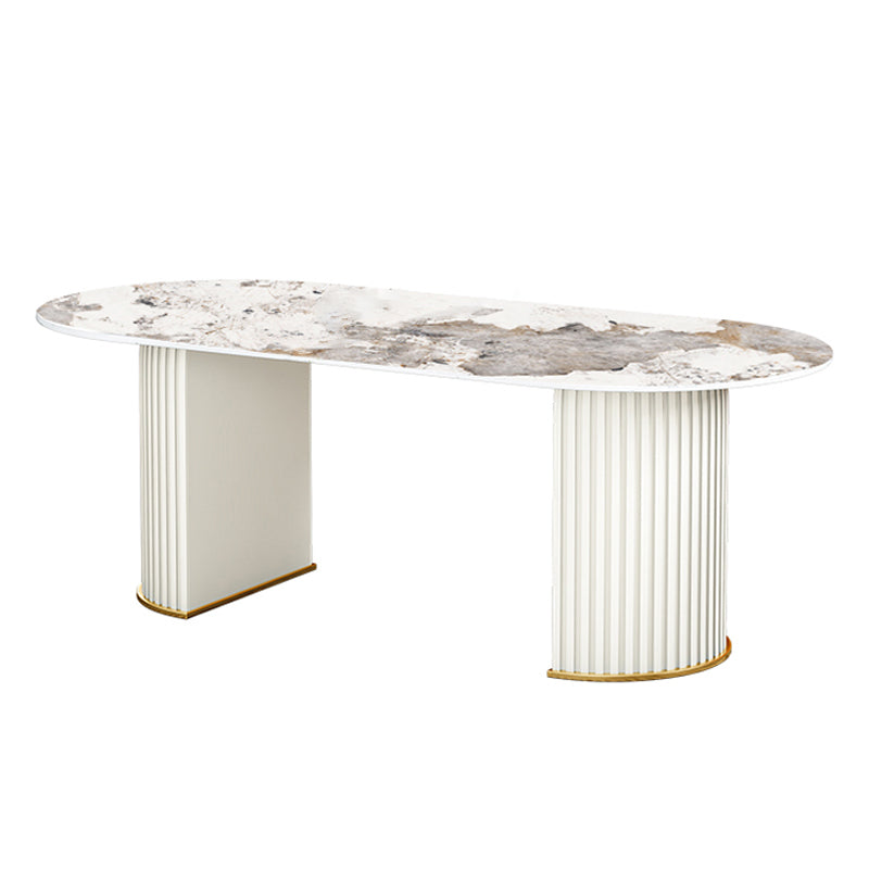 Oval Double Pedestal Dining Table Stone Furniture for Dining Room Home White Brown Clearhalo ' dining_table' 'Dining Tables & Seating' 'Dining Tables' 'Furniture' 'furniture_dining_table' 'Kitchen & Dining Furniture' 'kitchen&dining_furn' 'kitchen' 'kitchen_dining_table' 3578166