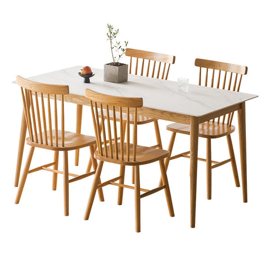 Modern Style Sintered Stone Dining Table White Rectangle Table with Wood Base