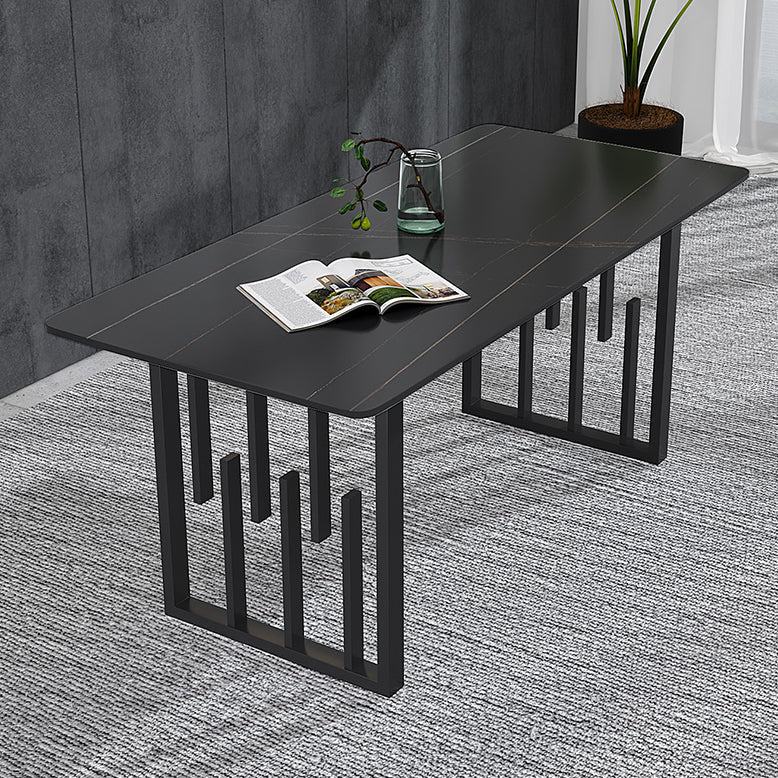 Contemporary Dining Table Sintered Stone Dining Table with Double Pedestal for Home Kitchen Dinner Black Black Clearhalo ' dining_table' 'Dining Tables & Seating' 'Dining Tables' 'furn' 'furn_dining_table' 'Furniture' 'furniture_dining_table' 'Kitchen & Dining Furniture' 'kitchen&dining_furn' 'kitchen' 'kitchen_dining_table' 3582805