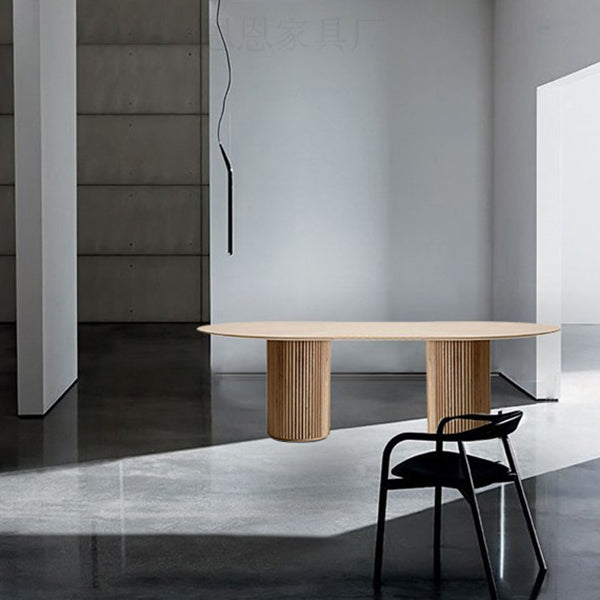 Oval Double Pedestal Modern Dining Table Brown Tone Fixed Table with Solid Wood Clearhalo ' dining_table' 'Dining Tables & Seating' 'Dining Tables' 'furn' 'furn_dining_table' 'Furniture' 'furniture_dining_table' 'Kitchen & Dining Furniture' 'kitchen&dining_furn' 'kitchen' 'kitchen_dining_table' 3583082