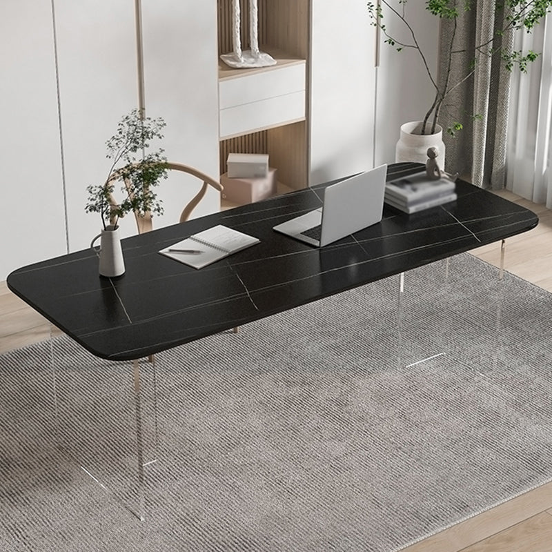 Contemporary Rectangle Dining Table Sintered Stone Dining Table with Clear Acrylic Double Pedestal Black Without Chairs Clearhalo ' dining_table' 'Dining Tables & Seating' 'Dining Tables' 'furn' 'furn_dining_table' 'Furniture' 'furniture_dining_table' 'Kitchen & Dining Furniture' 'kitchen&dining_furn' 'kitchen' 'kitchen_dining_table' 3583119