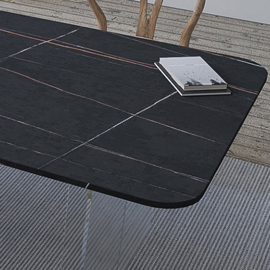 Contemporary Rectangle Dining Table Sintered Stone Dining Table with Clear Acrylic Double Pedestal