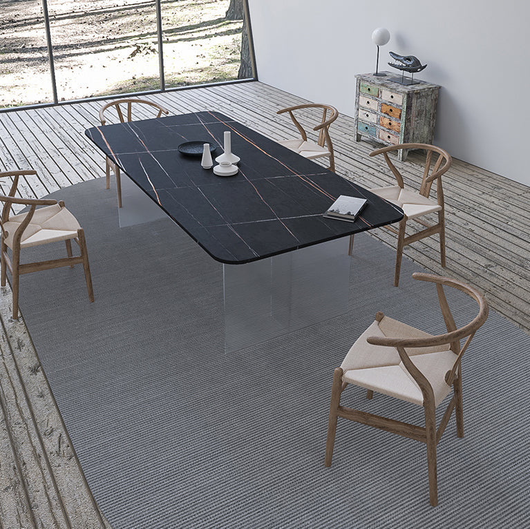 Contemporary Rectangle Dining Table Sintered Stone Dining Table with Clear Acrylic Double Pedestal Clearhalo ' dining_table' 'Dining Tables & Seating' 'Dining Tables' 'furn' 'furn_dining_table' 'Furniture' 'furniture_dining_table' 'Kitchen & Dining Furniture' 'kitchen&dining_furn' 'kitchen' 'kitchen_dining_table' 3583127