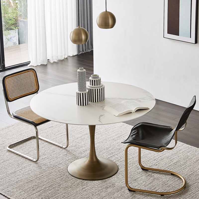 Contemporary Round Dining Table Sintered Stone Table with Brass Tulip Base Clearhalo ' dining_table' 'Dining Tables & Seating' 'Dining Tables' 'furn' 'furn_dining_table' 'Furniture' 'furniture_dining_table' 'Kitchen & Dining Furniture' 'kitchen&dining_furn' 'kitchen' 'kitchen_dining_table' 3583209