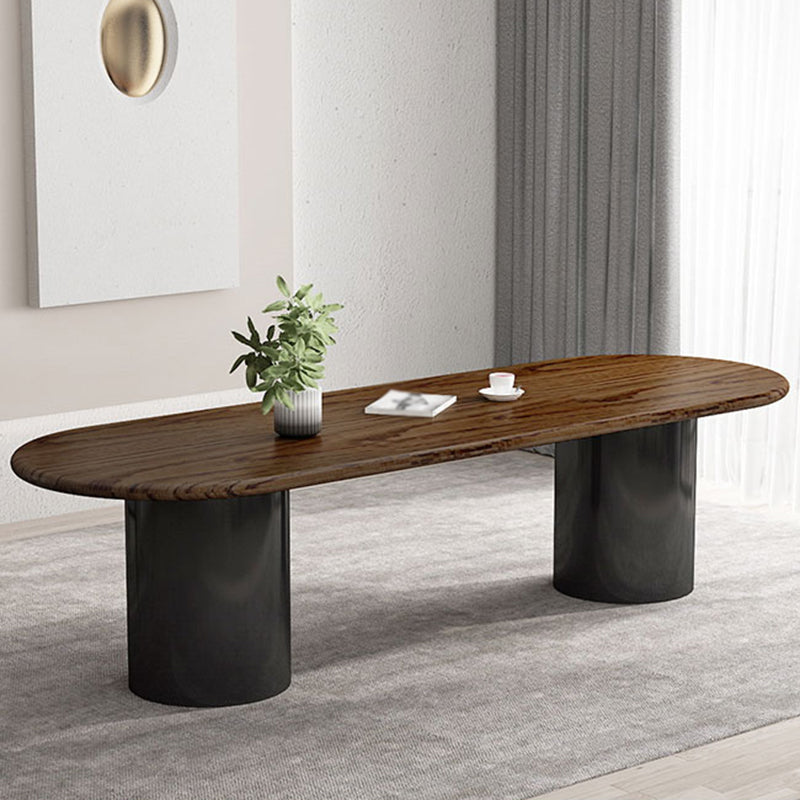 Oval Dark Wood Color Dining Table Pine Solid Wood Table Modern with Double Pedestal Without Chairs Clearhalo ' dining_table' 'Dining Tables & Seating' 'Dining Tables' 'furn' 'furn_dining_table' 'Furniture' 'furniture_dining_table' 'Kitchen & Dining Furniture' 'kitchen&dining_furn' 'kitchen' 'kitchen_dining_table' 3600301