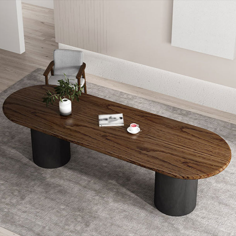 Oval Dark Wood Color Dining Table Pine Solid Wood Table Modern with Double Pedestal Clearhalo ' dining_table' 'Dining Tables & Seating' 'Dining Tables' 'furn' 'furn_dining_table' 'Furniture' 'furniture_dining_table' 'Kitchen & Dining Furniture' 'kitchen&dining_furn' 'kitchen' 'kitchen_dining_table' 3600302