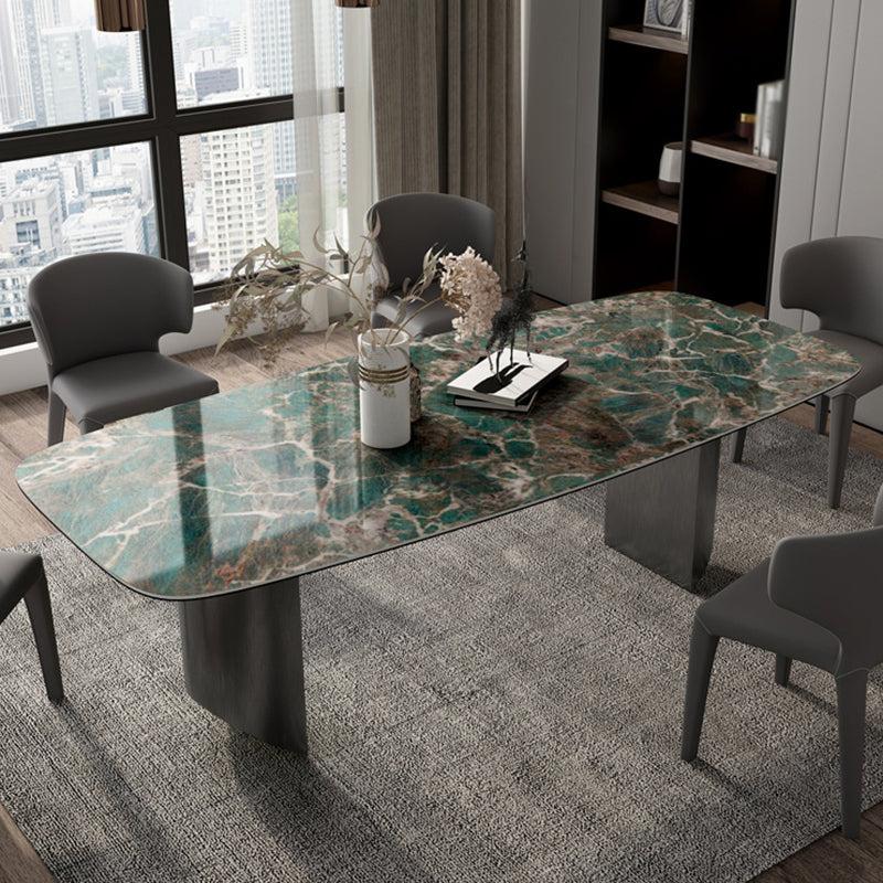 Sintered Stone Modern Rectangle Dining Table Green Stone Top Table with Metal Double Pedestal Clearhalo ' dining_table' 'Dining Tables & Seating' 'Dining Tables' 'furn' 'furn_dining_table' 'Furniture' 'furniture_dining_table' 'Kitchen & Dining Furniture' 'kitchen&dining_furn' 'kitchen' 'kitchen_dining_table' 3600320