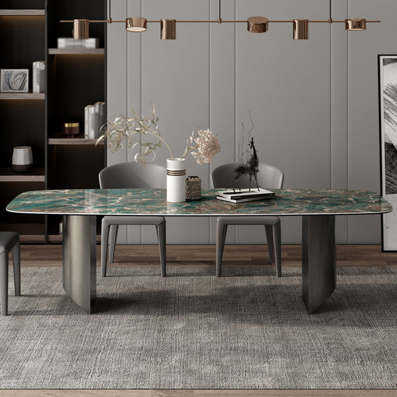 Sintered Stone Modern Rectangle Dining Table Green Stone Top Table with Metal Double Pedestal Clearhalo ' dining_table' 'Dining Tables & Seating' 'Dining Tables' 'furn' 'furn_dining_table' 'Furniture' 'furniture_dining_table' 'Kitchen & Dining Furniture' 'kitchen&dining_furn' 'kitchen' 'kitchen_dining_table' 3600321