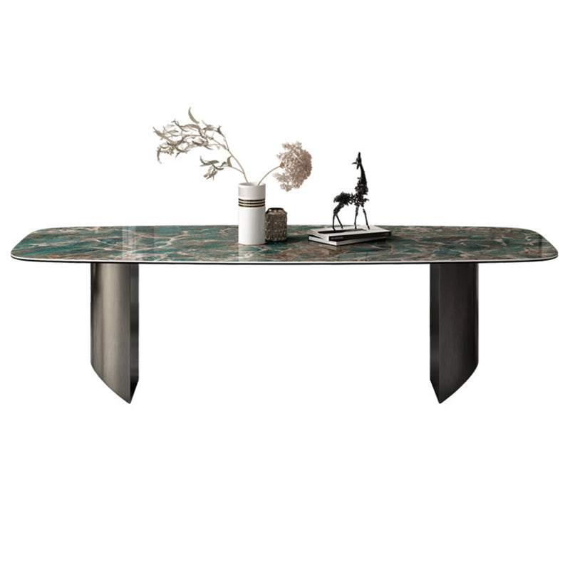 Sintered Stone Modern Rectangle Dining Table Green Stone Top Table with Metal Double Pedestal Without Chairs Clearhalo ' dining_table' 'Dining Tables & Seating' 'Dining Tables' 'furn' 'furn_dining_table' 'Furniture' 'furniture_dining_table' 'Kitchen & Dining Furniture' 'kitchen&dining_furn' 'kitchen' 'kitchen_dining_table' 3600324