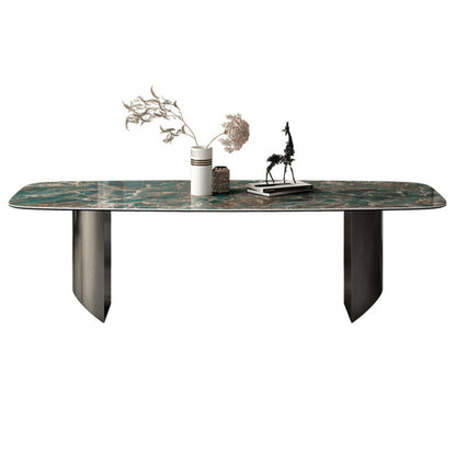 Sintered Stone Modern Rectangle Dining Table Green Stone Top Table with Metal Double Pedestal Without Chairs Clearhalo ' dining_table' 'Dining Tables & Seating' 'Dining Tables' 'furn' 'furn_dining_table' 'Furniture' 'furniture_dining_table' 'Kitchen & Dining Furniture' 'kitchen&dining_furn' 'kitchen' 'kitchen_dining_table' 3600324