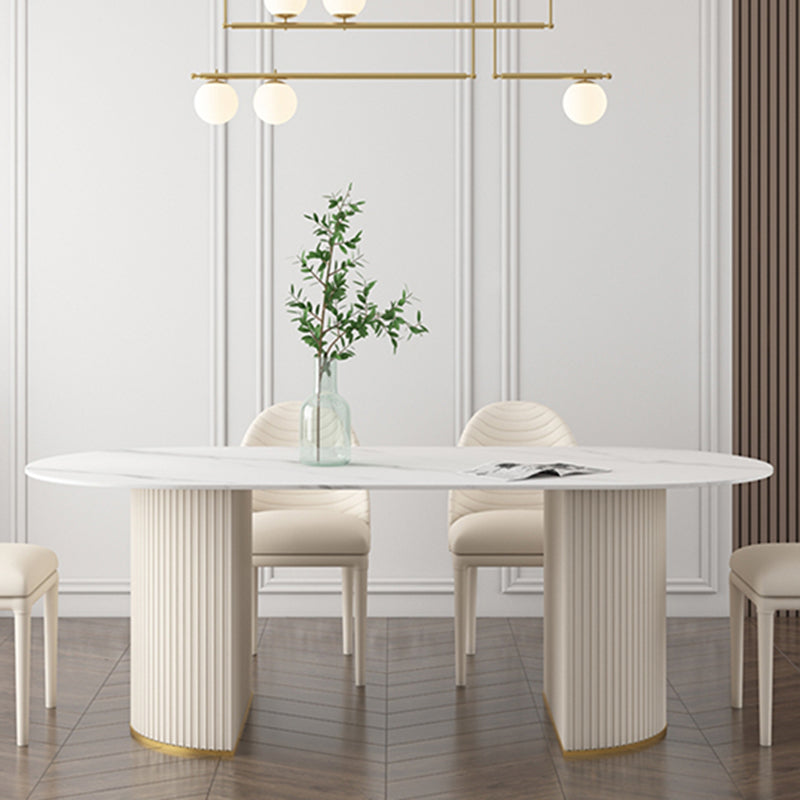 Oval Sintered Stone White Tone Dining Table Simplicity Double Pedestal Table for Dining Room Clearhalo ' dining_table' 'Dining Tables & Seating' 'Dining Tables' 'Furniture' 'furniture_dining_table' 'Kitchen & Dining Furniture' 'kitchen&dining_furn' 'kitchen' 'kitchen_dining_table' 3600430