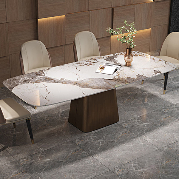 Contemporary Rectangle Dining Table Sintered Stone Dining Table with Pedestal Base Bronze Without Chairs Clearhalo ' dining_table' 'Dining Tables & Seating' 'Dining Tables' 'furn' 'furn_dining_table' 'Furniture' 'furniture_dining_table' 'Kitchen & Dining Furniture' 'kitchen&dining_furn' 'kitchen' 'kitchen_dining_table' 3600578