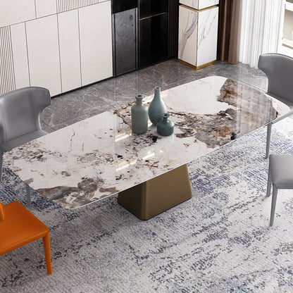 Contemporary Rectangle Dining Table Sintered Stone Dining Table with Pedestal Base Gold Without Chairs Clearhalo ' dining_table' 'Dining Tables & Seating' 'Dining Tables' 'furn' 'furn_dining_table' 'Furniture' 'furniture_dining_table' 'Kitchen & Dining Furniture' 'kitchen&dining_furn' 'kitchen' 'kitchen_dining_table' 3600579