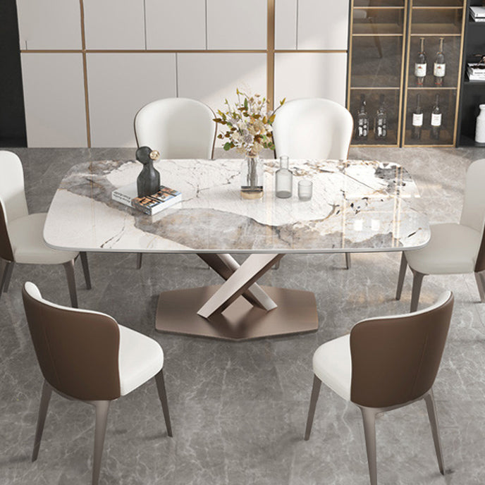 Metal Contemporary Rectangle Dining Table Sintered Stone Dining Table with Pedestal Base Clearhalo ' dining_table' 'Dining Tables & Seating' 'Dining Tables' 'furn' 'furn_dining_table' 'Furniture' 'furniture_dining_table' 'Kitchen & Dining Furniture' 'kitchen&dining_furn' 'kitchen' 'kitchen_dining_table' 3600635