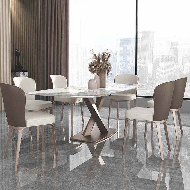 Metal Contemporary Rectangle Dining Table Sintered Stone Dining Table with Pedestal Base Clearhalo ' dining_table' 'Dining Tables & Seating' 'Dining Tables' 'furn' 'furn_dining_table' 'Furniture' 'furniture_dining_table' 'Kitchen & Dining Furniture' 'kitchen&dining_furn' 'kitchen' 'kitchen_dining_table' 3600645