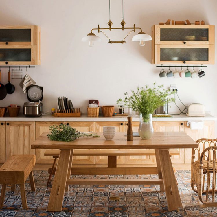 Modern Khaki Kitchen Dining Table Solid Wood Rectangle Shape Dining Table with Trestle Base Clearhalo ' dining_table' 'Dining Tables & Seating' 'Dining Tables' 'furn' 'furn_dining_table' 'Furniture' 'furniture_dining_table' 'Kitchen & Dining Furniture' 'kitchen&dining_furn' 'kitchen' 'kitchen_dining_table' 3600726