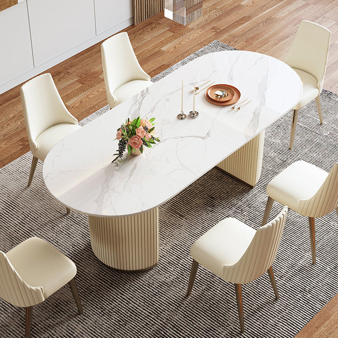 Sintered Stone Top Dining Table Oval Table with Metal Base and Double Pedestal Clearhalo ' dining_table' 'Dining Tables & Seating' 'Dining Tables' 'furn' 'furn_dining_table' 'Furniture' 'furniture_dining_table' 'Kitchen & Dining Furniture' 'kitchen&dining_furn' 'kitchen' 'kitchen_dining_table' 3621996