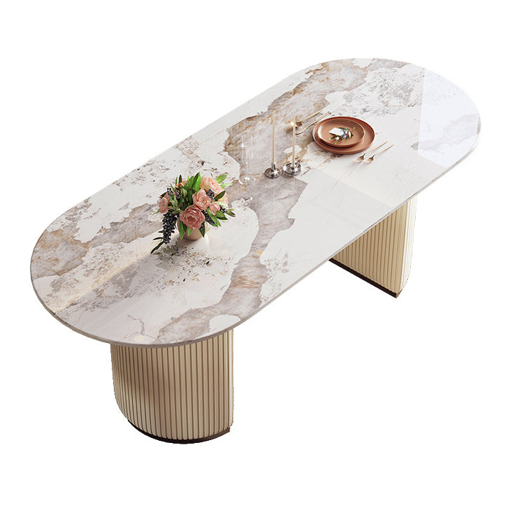 Sintered Stone Top Dining Table Oval Table with Metal Base and Double Pedestal Gold 55.1"L x 31.5"W x 29.5"H Without Chairs Clearhalo ' dining_table' 'Dining Tables & Seating' 'Dining Tables' 'furn' 'furn_dining_table' 'Furniture' 'furniture_dining_table' 'Kitchen & Dining Furniture' 'kitchen&dining_furn' 'kitchen' 'kitchen_dining_table' 3621997