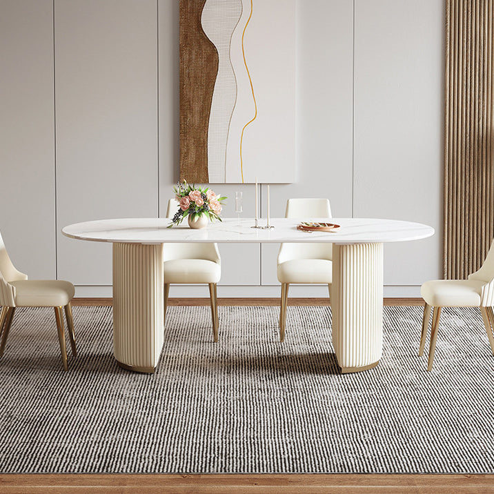 Sintered Stone Top Dining Table Oval Table with Metal Base and Double Pedestal Clearhalo ' dining_table' 'Dining Tables & Seating' 'Dining Tables' 'furn' 'furn_dining_table' 'Furniture' 'furniture_dining_table' 'Kitchen & Dining Furniture' 'kitchen&dining_furn' 'kitchen' 'kitchen_dining_table' 3621999