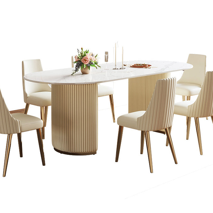 Sintered Stone Top Dining Table Oval Table with Metal Base and Double Pedestal Clearhalo ' dining_table' 'Dining Tables & Seating' 'Dining Tables' 'furn' 'furn_dining_table' 'Furniture' 'furniture_dining_table' 'Kitchen & Dining Furniture' 'kitchen&dining_furn' 'kitchen' 'kitchen_dining_table' 3622000