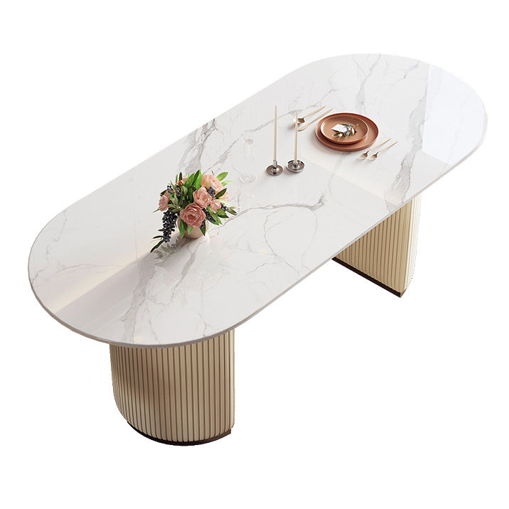 Sintered Stone Top Dining Table Oval Table with Metal Base and Double Pedestal White Without Chairs Clearhalo ' dining_table' 'Dining Tables & Seating' 'Dining Tables' 'furn' 'furn_dining_table' 'Furniture' 'furniture_dining_table' 'Kitchen & Dining Furniture' 'kitchen&dining_furn' 'kitchen' 'kitchen_dining_table' 3622001