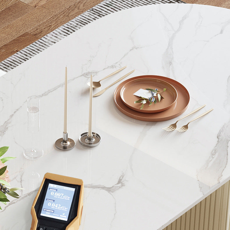Sintered Stone Top Dining Table Oval Table with Metal Base and Double Pedestal Clearhalo ' dining_table' 'Dining Tables & Seating' 'Dining Tables' 'furn' 'furn_dining_table' 'Furniture' 'furniture_dining_table' 'Kitchen & Dining Furniture' 'kitchen&dining_furn' 'kitchen' 'kitchen_dining_table' 3622004