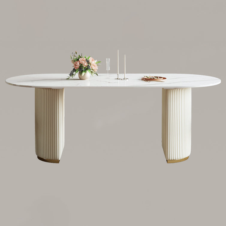 Sintered Stone Top Dining Table Oval Table with Metal Base and Double Pedestal Clearhalo ' dining_table' 'Dining Tables & Seating' 'Dining Tables' 'furn' 'furn_dining_table' 'Furniture' 'furniture_dining_table' 'Kitchen & Dining Furniture' 'kitchen&dining_furn' 'kitchen' 'kitchen_dining_table' 3622007