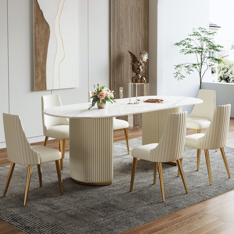 Sintered Stone Top Dining Table Oval Table with Metal Base and Double Pedestal Clearhalo ' dining_table' 'Dining Tables & Seating' 'Dining Tables' 'furn' 'furn_dining_table' 'Furniture' 'furniture_dining_table' 'Kitchen & Dining Furniture' 'kitchen&dining_furn' 'kitchen' 'kitchen_dining_table' 3622008