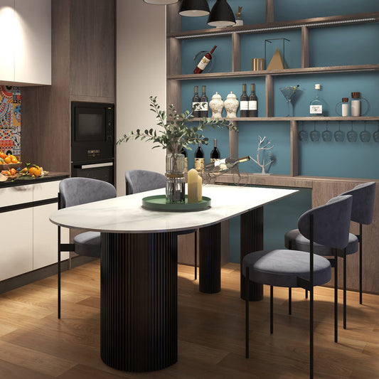 Modern Style Sintered Stone Dinner Room Kitchen Table White Table with Wooden Base