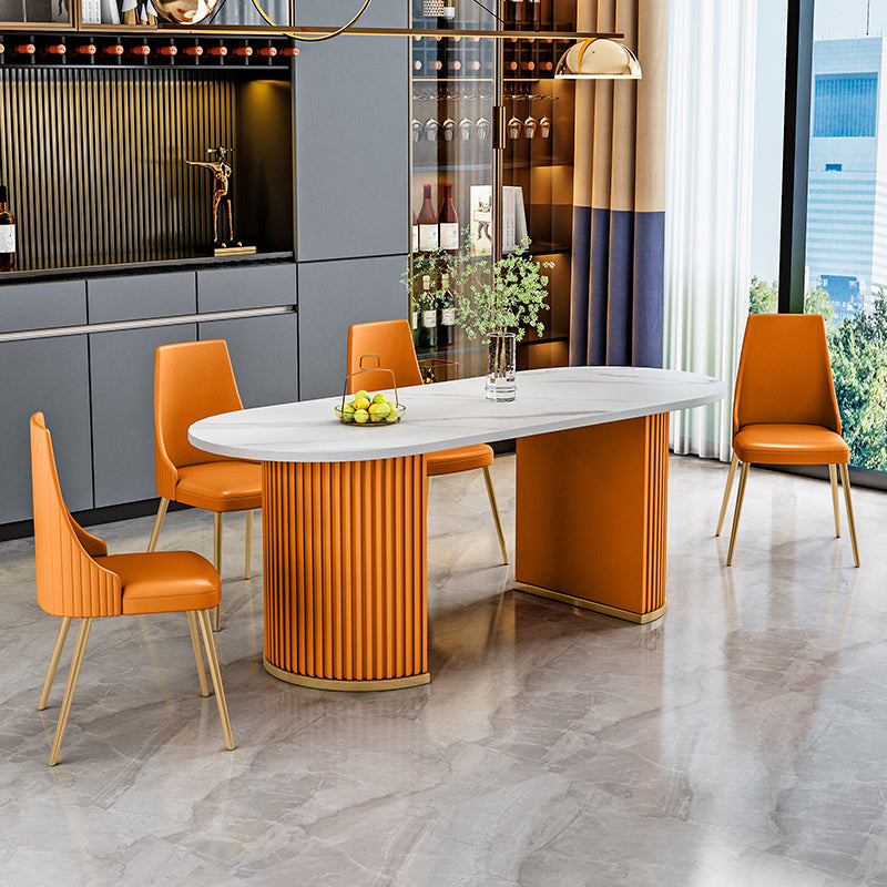 Contemporary Oval Dining Table Sintered Stone Dining Table with Double Pedestal Orange Without Chairs Clearhalo ' dining_table' 'Dining Tables & Seating' 'Dining Tables' 'furn' 'furn_dining_table' 'Furniture' 'furniture_dining_table' 'Kitchen & Dining Furniture' 'kitchen&dining_furn' 'kitchen' 'kitchen_dining_table' 3643275