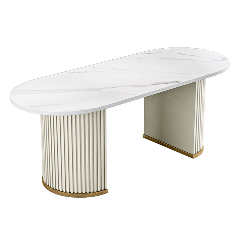 Contemporary Oval Dining Table Sintered Stone Dining Table with Double Pedestal White Without Chairs Clearhalo ' dining_table' 'Dining Tables & Seating' 'Dining Tables' 'furn' 'furn_dining_table' 'Furniture' 'furniture_dining_table' 'Kitchen & Dining Furniture' 'kitchen&dining_furn' 'kitchen' 'kitchen_dining_table' 3643278