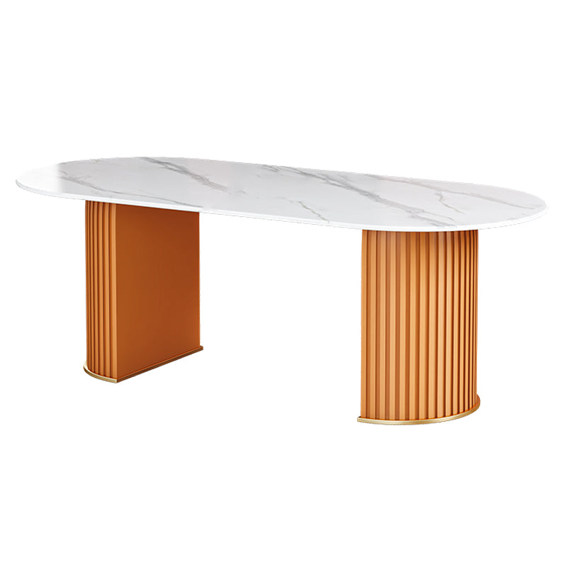 Contemporary Oval Dining Table Sintered Stone Dining Table with Double Pedestal for Dining Room White Orange Clearhalo ' dining_table' 'Dining Tables & Seating' 'Dining Tables' 'furn' 'furn_dining_table' 'Furniture' 'furniture_dining_table' 'Kitchen & Dining Furniture' 'kitchen&dining_furn' 'kitchen' 'kitchen_dining_table' 3643303