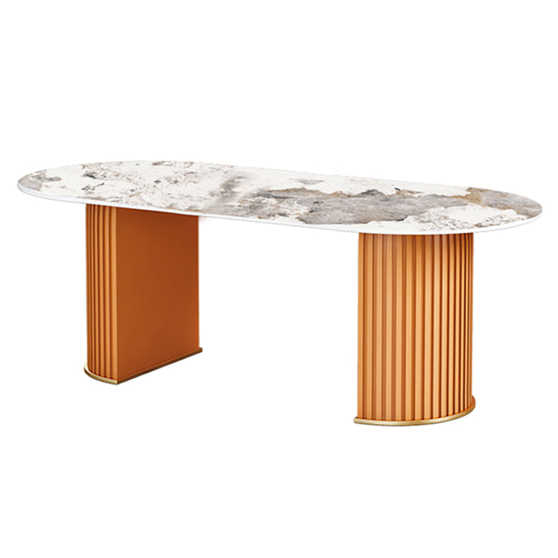 Contemporary Oval Dining Table Sintered Stone Dining Table with Double Pedestal for Dining Room Gray Orange Clearhalo ' dining_table' 'Dining Tables & Seating' 'Dining Tables' 'furn' 'furn_dining_table' 'Furniture' 'furniture_dining_table' 'Kitchen & Dining Furniture' 'kitchen&dining_furn' 'kitchen' 'kitchen_dining_table' 3643306
