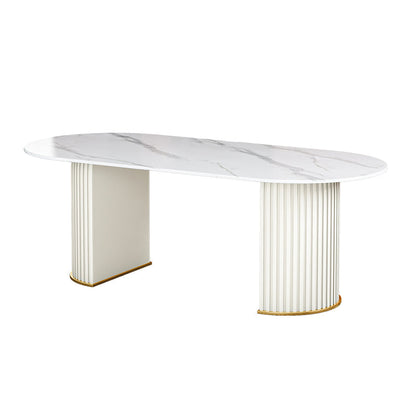 Contemporary Oval Dining Table Sintered Stone Dining Table with Double Pedestal for Dining Room White White Clearhalo ' dining_table' 'Dining Tables & Seating' 'Dining Tables' 'furn' 'furn_dining_table' 'Furniture' 'furniture_dining_table' 'Kitchen & Dining Furniture' 'kitchen&dining_furn' 'kitchen' 'kitchen_dining_table' 3643309