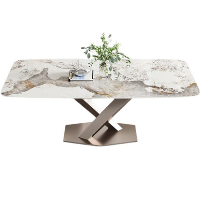 Metal Contemporary Rectangular Table Sintered Stone Dining Table with Pedestal Base Without Chairs Clearhalo ' dining_table' 'Dining Tables & Seating' 'Dining Tables' 'furn' 'furn_dining_table' 'Furniture' 'furniture_dining_table' 'Kitchen & Dining Furniture' 'kitchen&dining_furn' 'kitchen' 'kitchen_dining_table' 3649097
