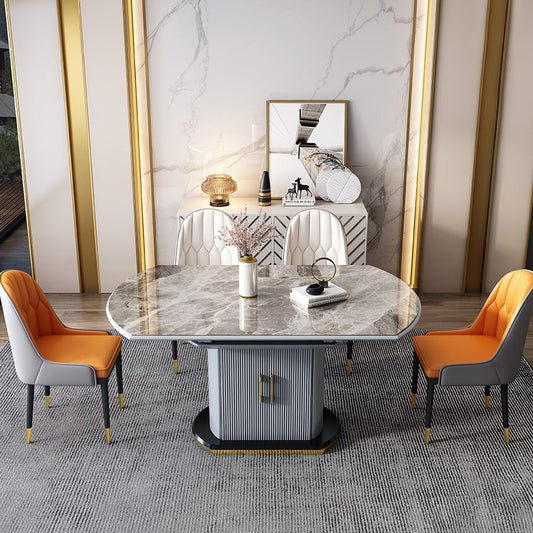 Modern Style Sintered Stone Dining Table Drop-Leaf Round Table with Metal Base